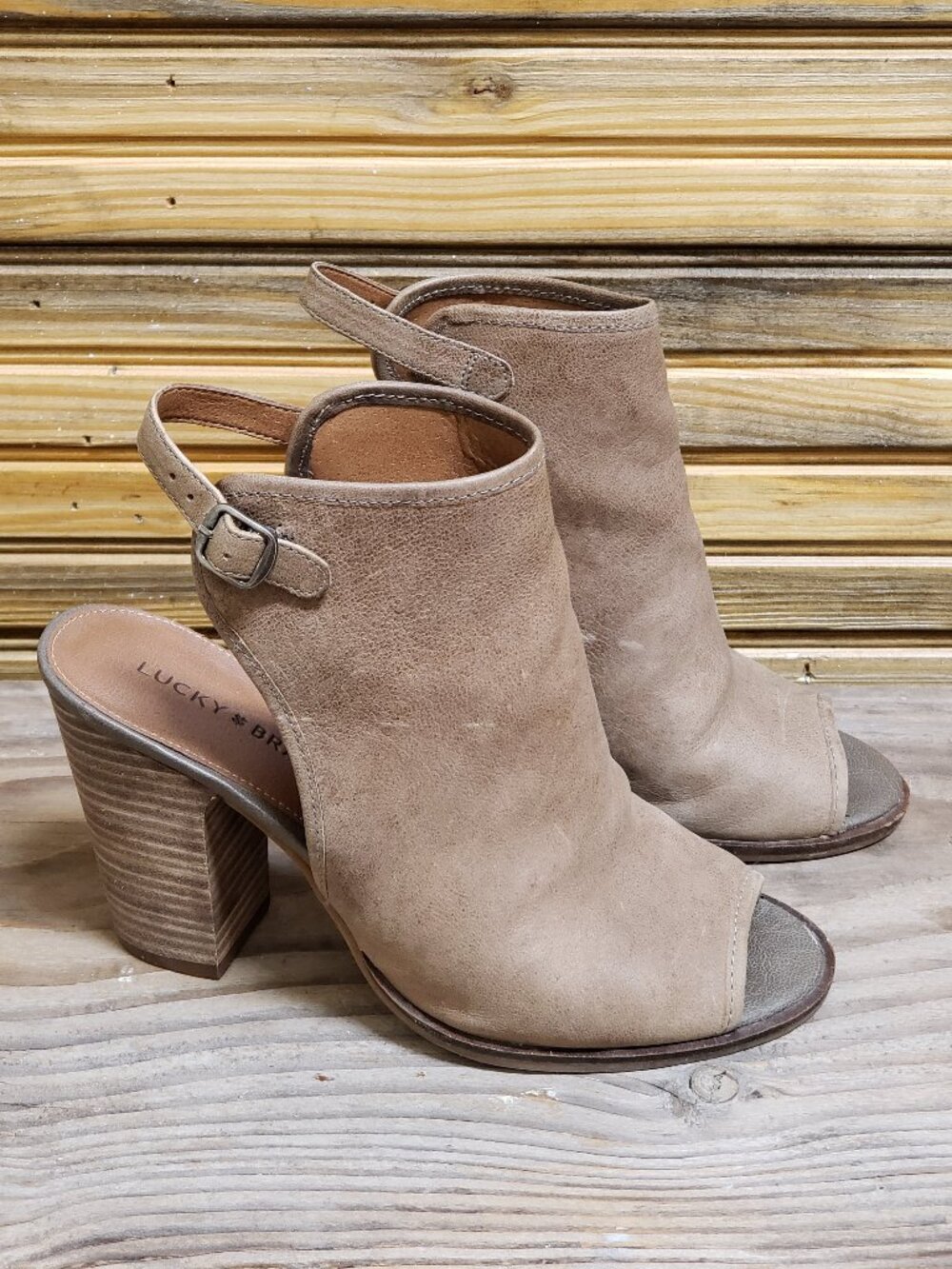 Lucky Brand Lisza Peep Toe Booties Brindle Leather Slingback Block Heel Size 8M